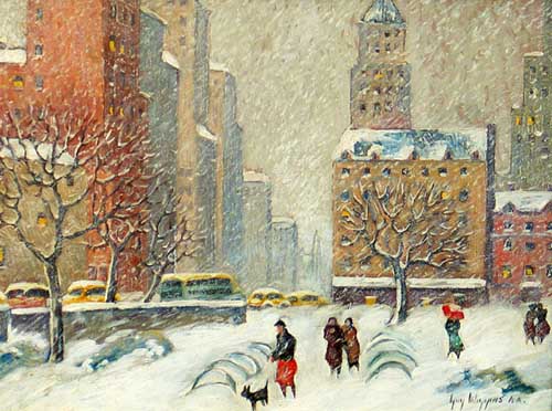 Painting Code#40714-GUY WIGGINS: In Central Park: Looking down Fifth Avenue
to Bergdorf's