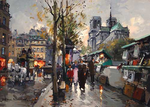 Painting Code#40732-Antoine Blanchard(France): Bouquinistes de Notre Dame