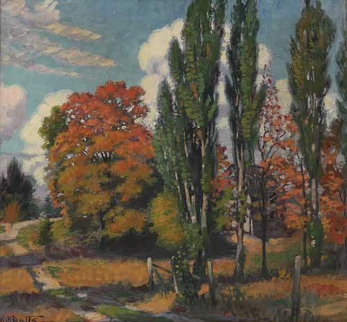 Painting Code#40922-Harold Harrington Betts(USA): Early Autumn Landscape with Poplar Trees