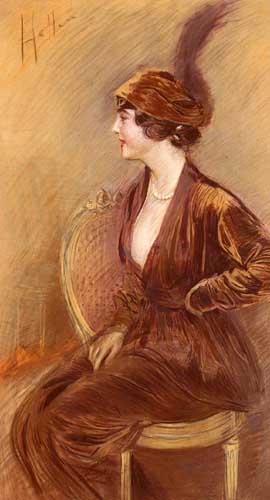 Painting Code#45442-Helleu, Paul Cesar(France): The Feathered Hat