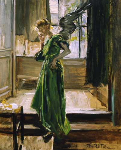 Painting Code#45641-Fritz von Uhde(1848-1911, German): Modellpause (Junges M&amp;auml;dchen beim Zigarettenrauchen)