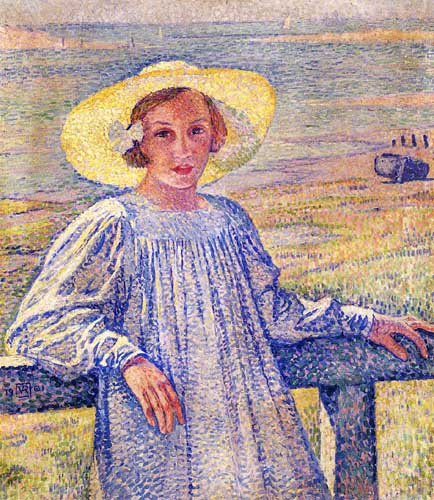 Painting Code#45673-Theo van Rysselberghe - Elisaeth van Rysselberghe in a Straw Hat