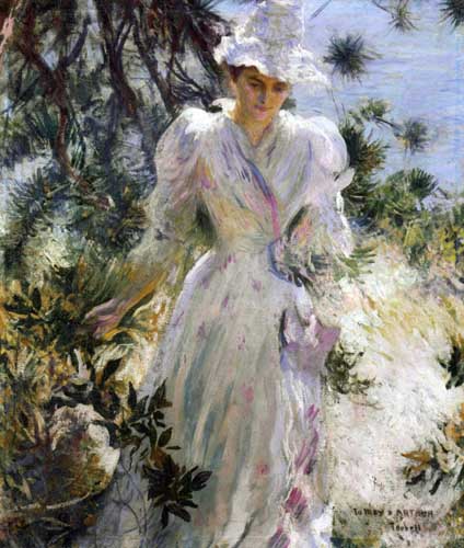 Painting Code#45721-Edmund Tarbell - Emeline, in a Garden