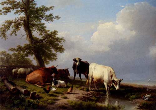 Painting Code#5133-Verboeckhoven, Eugene(Belgium): Animals Grazing Near The Sea