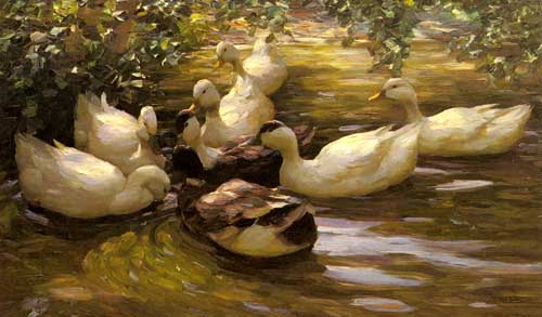 Painting Code#5322-Koester, Alexander(Germany): Enten in Wasser Unter Birken