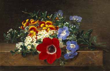 Painting Code#6013-Johan, Laurentz Jensen - Anemone, White Spirea, Calceolaria and Blue Geranium