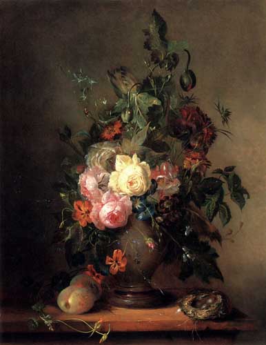 Painting Code#6042-Huygens, Francois-Joseph: Roses, Morning Glory, Poppies and Tulips with Peaches anda Bird's Nest on a wooden Ledge