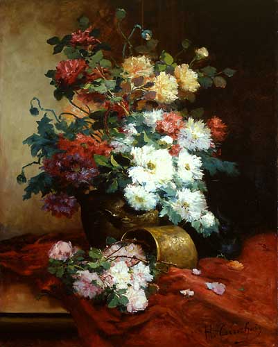 Painting Code#6236-Eugene Henri Cauchois: Roses and Dahlias