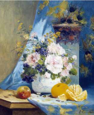Painting Code#6255-Eugene Henri Cauchois - Still Life of Roses with an Orange