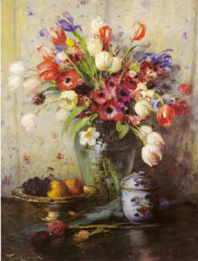 Painting Code#6273-Fernand Toussaint - Spring Flowers and Ginger Jar