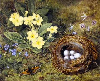 Painting Code#6476-H. Grey - Primroses with a Bird's Nest