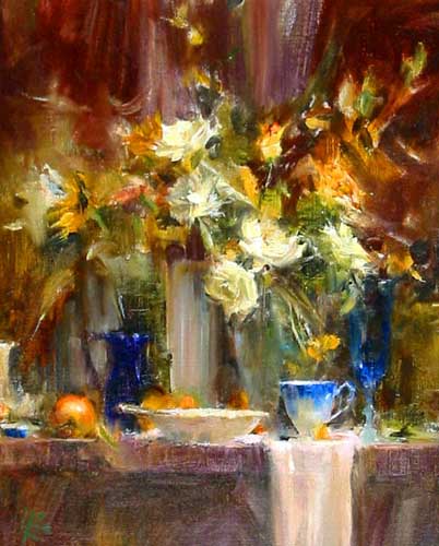 Painting Code#6568-Floral Still Life with Blue Glass