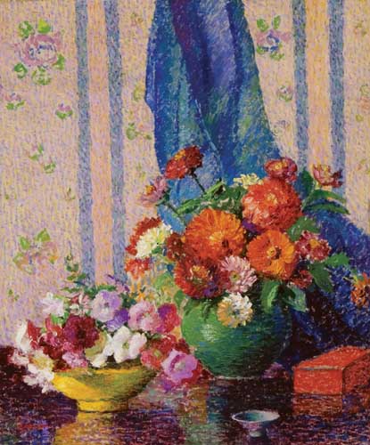Painting Code#6689-Lillian Burk Meeser: Zinnias and Petunias