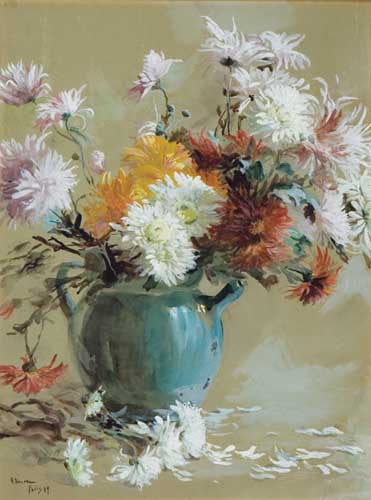 Painting Code#6692-Elizabeth Nourse: Mums in a Teapot