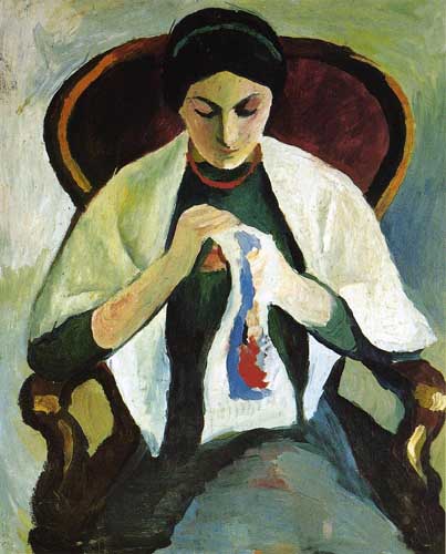 Painting Code#70640-Macke, August - Woman Embroidering in an Armchair, Portrait of the Artist's Wife